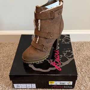 Heart Soul Brown Heeled Boots with Buckle Straps